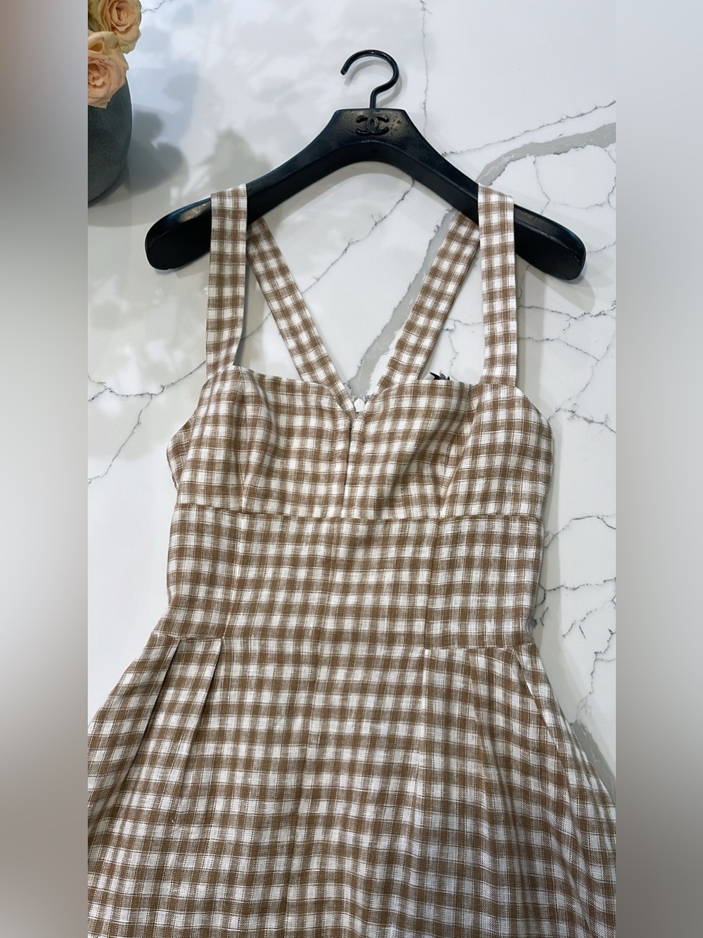 NEW Reformation Roma Midi Linen Dress Dunes Check Gingham Tan White Size 4 - Picture 10 of 15
